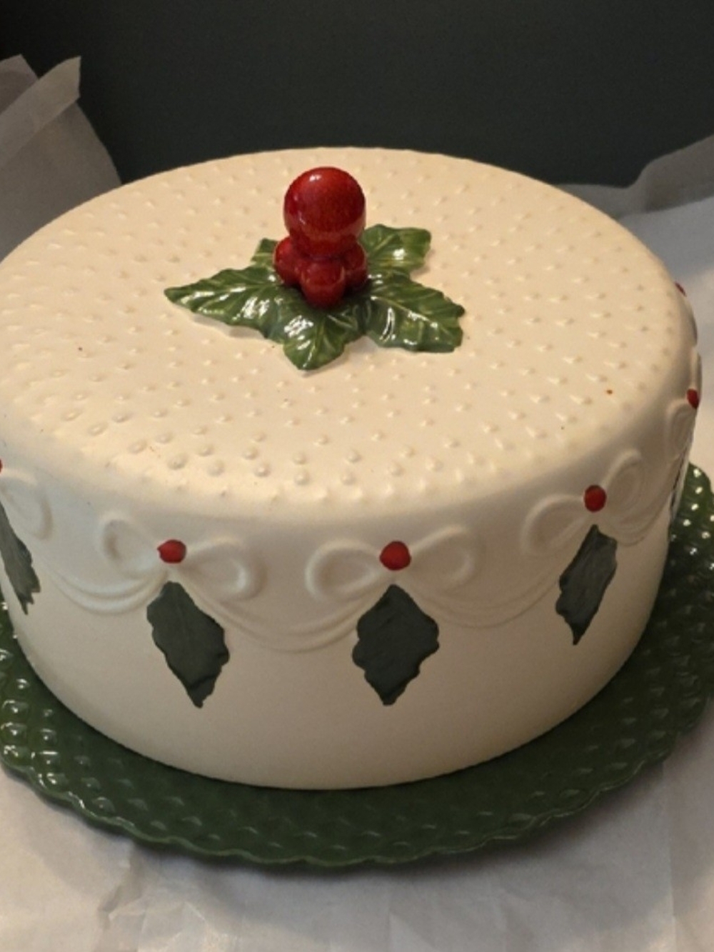 Holiday Ceramic Cake Plate with Red Holly Accent